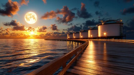 Breathtaking sunset scene with dramatic clouds and vibrant orange gold hues reflecting off the calm waters of an industrial pier with large storage tanks and buildings in the background
