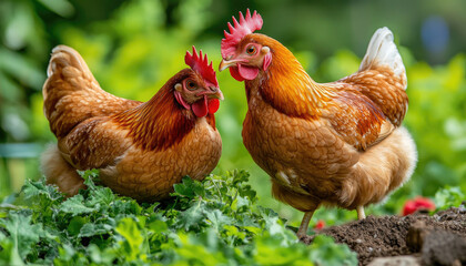 Fototapeta premium Two vibrant brown hens forage among lush green foliage in a garden setting, showcasing a serene, rustic farm atmosphere.