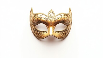 A detailed golden mask isolated on a plain white background