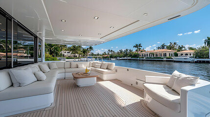 Obraz premium Luxury White Yacht Exterior With Open Deck Lounge Area Sunny Day And Blue Sky Over Residential Buildings