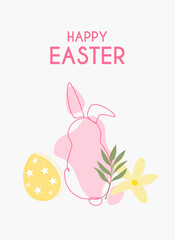 Happy Easter greeting cards with Bunny, Easter eggs and floral decorative elements. Minimalist style. Set of Modern Easter covers. Vector illustration