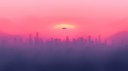 Obraz premium Futuristic Cityscape Sunset with UFO, Silhouette city at sunset with flying saucer