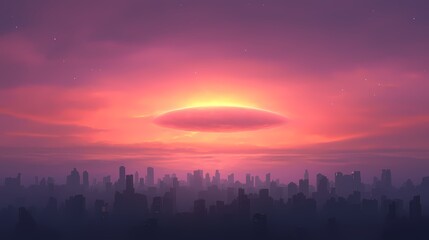 Fototapeta premium Apocalyptic Cityscape with Mysterious Cloud, Futuristic city under a strange, glowing cloud.