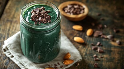 A glossy, deep green spirulina smoothie served in a mason jar, artistically garnished with cacao nibs and almonds on a rustic linen napkin