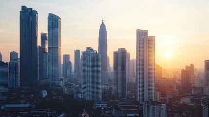 Fototapeta premium City Skyline At Sunset With Modern Skyscrapers Under Golden Sunlight In Urban Landscape