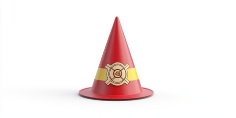 Fototapeta premium A vibrant red traffic cone featuring a safety emblem, placed against a clean white background