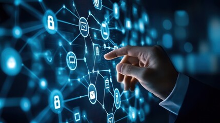 Digital Network Technology Hand Interacting with Futuristic Interface, Data Security, Global Connection