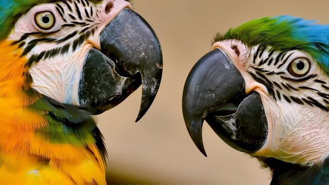A pair of macaw parrots perched closely together, radiating love and affection. Suitable for marketing or business purposes