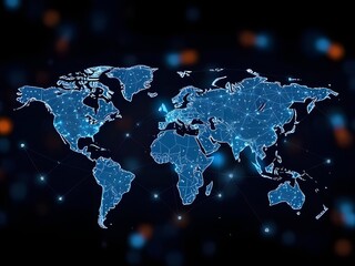 Digital World Map Network Connections and Data Points, Global Technology and Communication.