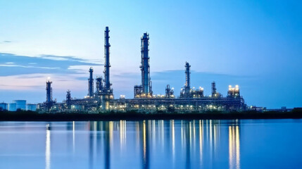 Fototapeta premium Refinery plant area at twilight with river