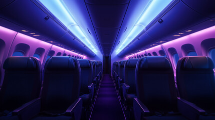 Fototapeta premium Serene airplane interior with colorful lighting at nighttime 