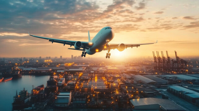 Cargo Plane Flying Over Industrial Area at Sunset.