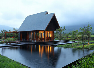 Obraz premium Charming wooden houses by the river and lake with reflections, surrounded by nature, trees, and a boat in a peaceful village setting