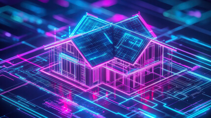 Fototapeta premium Technological smart house constructed from radiant lines and dots signifying tech and safety convergence