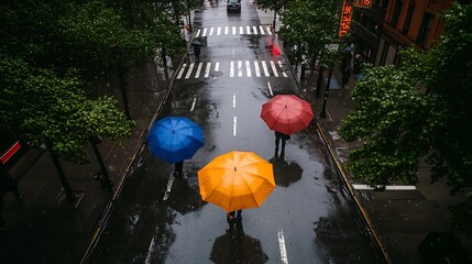 Three people with colorful umbrellas on a rainy city street, high-angle view.