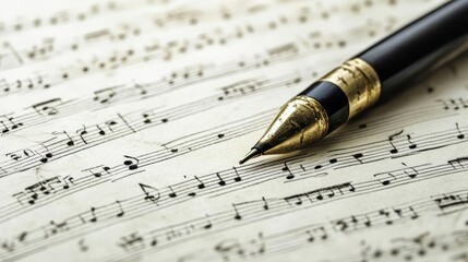 Fototapeta premium A black pen rests on a piece of written musical composition