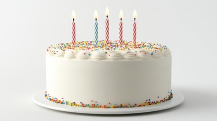 A beautifully decorated birthday cake with colorful sprinkles and lit candles on a plain background