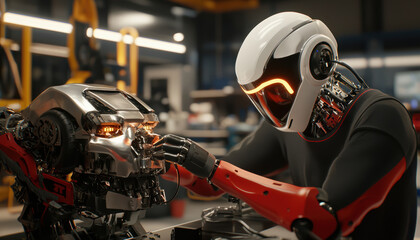 Fototapeta premium A futuristic scene featuring a humanoid robot working on another robotic head in a high-tech workshop.