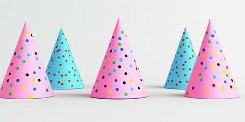 Colorful party hats arranged playfully on a white background, suggesting a festive celebration