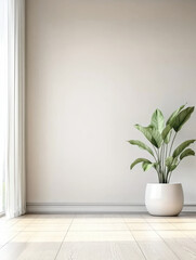 Fototapeta premium empty room interior background, beige wall, pot with plant