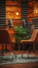 two microphones in a podcasting studio, ready for a recording session. The scene captures the essence of professional audio recording