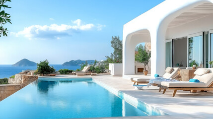 Fototapeta premium Terrace in villa with sunbeds and swimming pool with clear blue water
