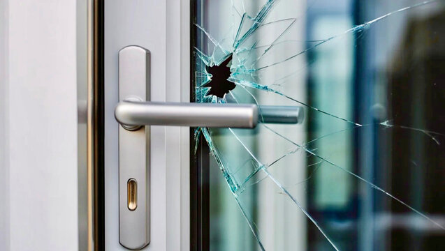 Front door with glass panel shattered as a result of attempted robbery	