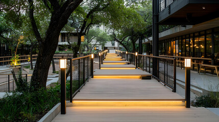 Obraz premium Wooden Pathway With Light Posts And Black Metal Railings Leading Towards Lit Building At Evening In Outdoor Setting
