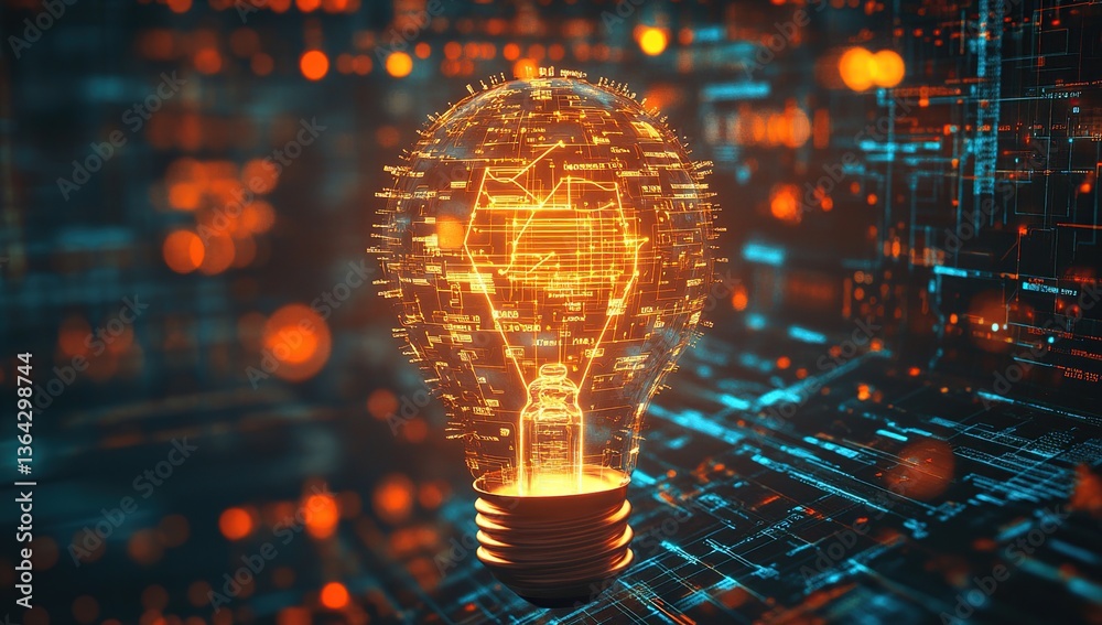 Poster glowing lightbulb with digital code on circuit board background