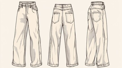 Detailed technical fashion illustration of wide leg jeans mockup for unisex design showcasing front and back views and flat sketches
