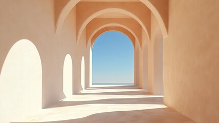 Sunlit Arched Hallway with Ocean View: Pastel Peach and White Architecture