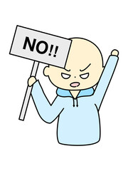 NOとプラカードを出している人物イラスト　青色