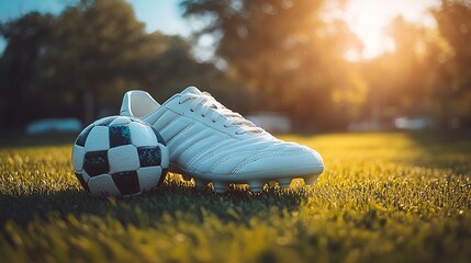 White soccer cleats and ball on grassy field at sunset. Possible use Stock photo