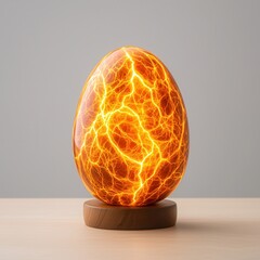 Easter concept, Glowing egg with electric patterns on a wooden base.