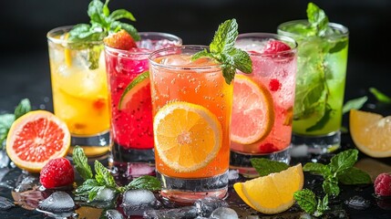 Fototapeta premium A row of colorful drinks with a garnish of mint and raspberries