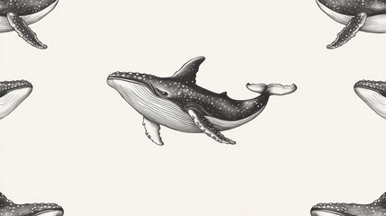 Fototapeta premium Humpback Whale Seamless Pattern with Ocean Wildlife, and Black White.
