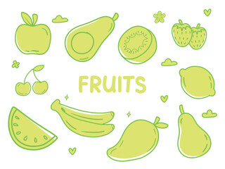 Set of icons with Fruits theme. With doodle style. For layout, website, graphic design.