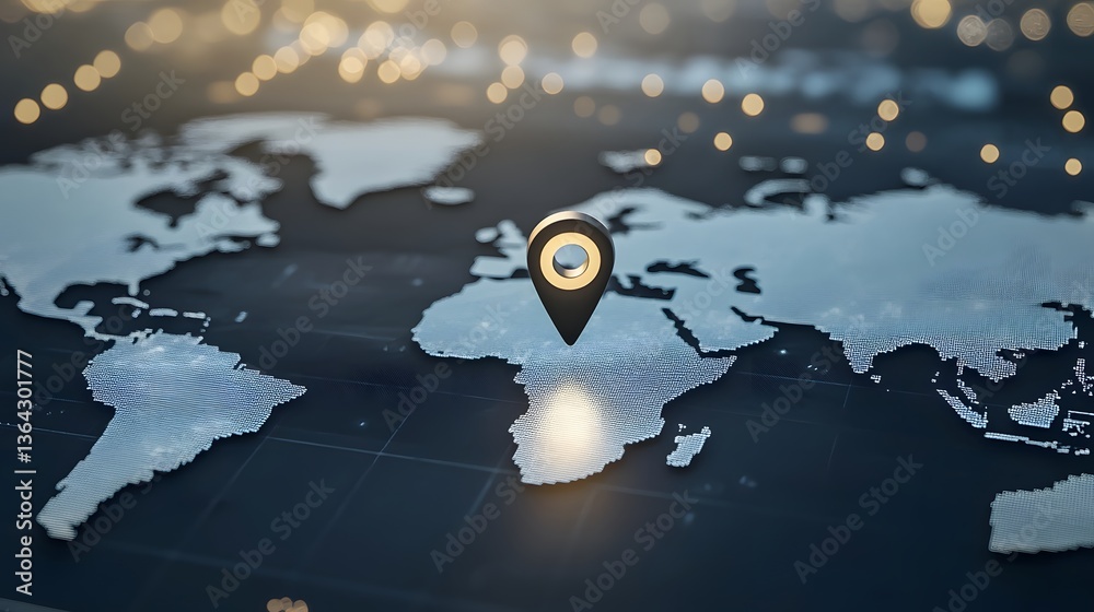 Aufkleber close up view of a bright pin marker highlighting a specific location on a backlit detailed world ma