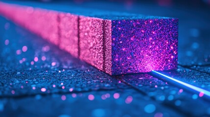Glowing beam piercing through shimmering block on textured surface, close up view