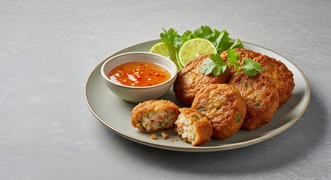 Thai food crispy fried cakes with sweet chili sauce called Thot Man Kung