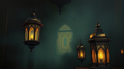 Fototapeta premium Decorative lamps illuminate a wall adorned with an arched window