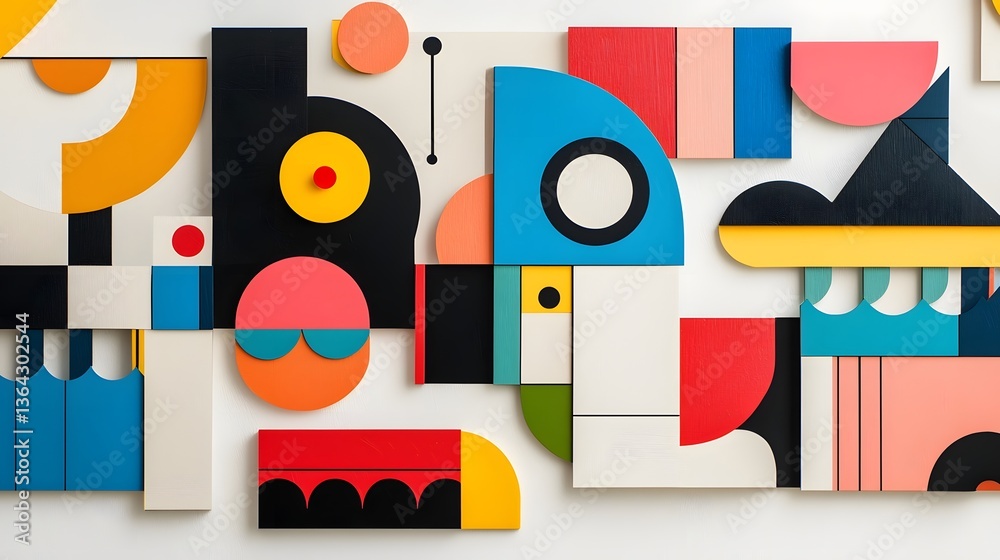 Poster Layered geometric shapes in bold primary colors create a clean modern abstract background with a striking visual balance and dynamic composition