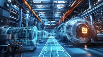 Fototapeta premium A futuristic industrial setting with a blue and green color scheme. The image is a computer generated rendering of a factory or industrial plant