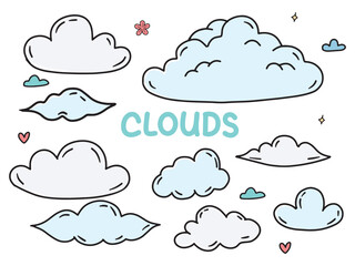 Set of icons with Clouds theme. With doodle style. For layout, website, graphic design.