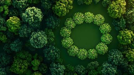 Lush green forest forming a circular shape surrounded by vibrant nature illustrating zero-carbon olympic vision