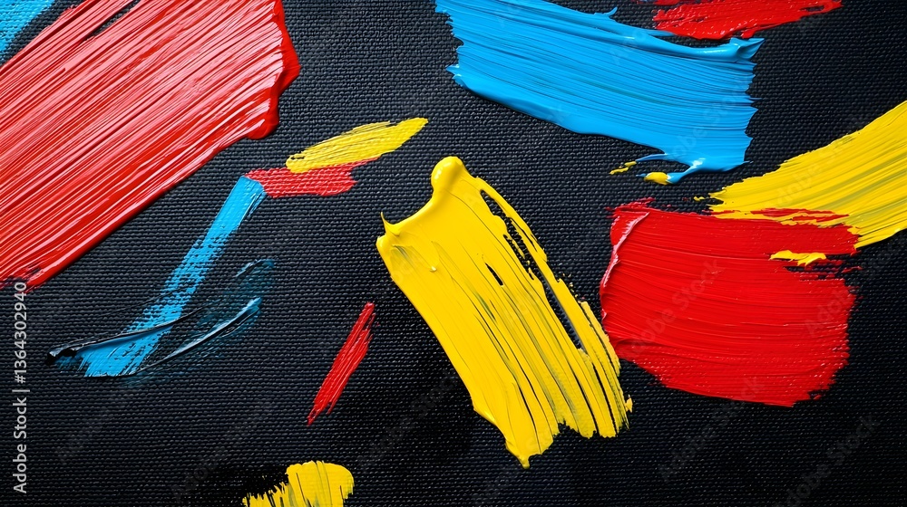 Poster Expressive abstract painting with dynamic neon brushstrokes creating a high contrast vivid background on a dark canvas