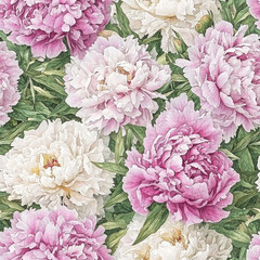 Naklejka premium Soft pink and white peony flowers with green leaves in seamless floral pattern, Summer Textile Seamless Pattern Background