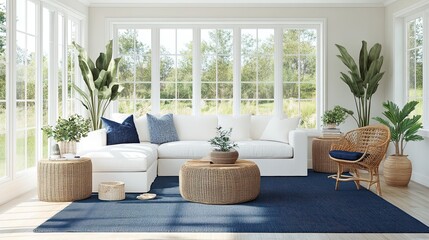 Plakat A polished coastal-themed living room with crisp white sofas