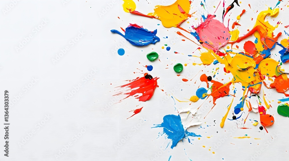 Poster vibrant paint splatters in a variety of bright colors form an eye catching abstract background with 