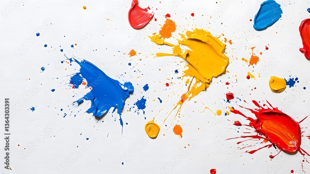 Poster boldly colored paint splatters in various shades of red blue and yellow create a dynamic playful abs